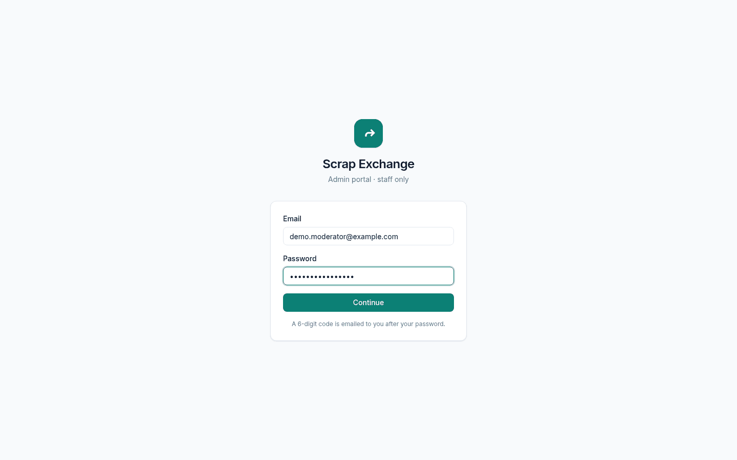 The admin portal sign-in page with email and password fields and a Continue button.