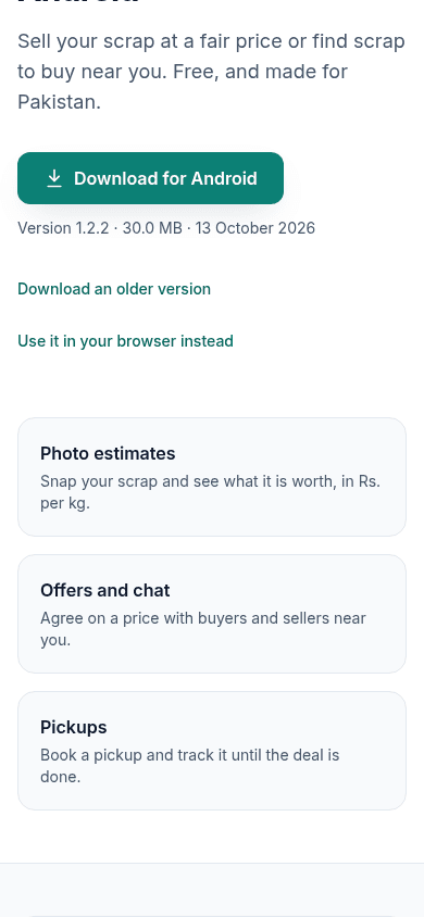 The Scrap Exchange download site with a Download for Android button, the version and size, and install steps.