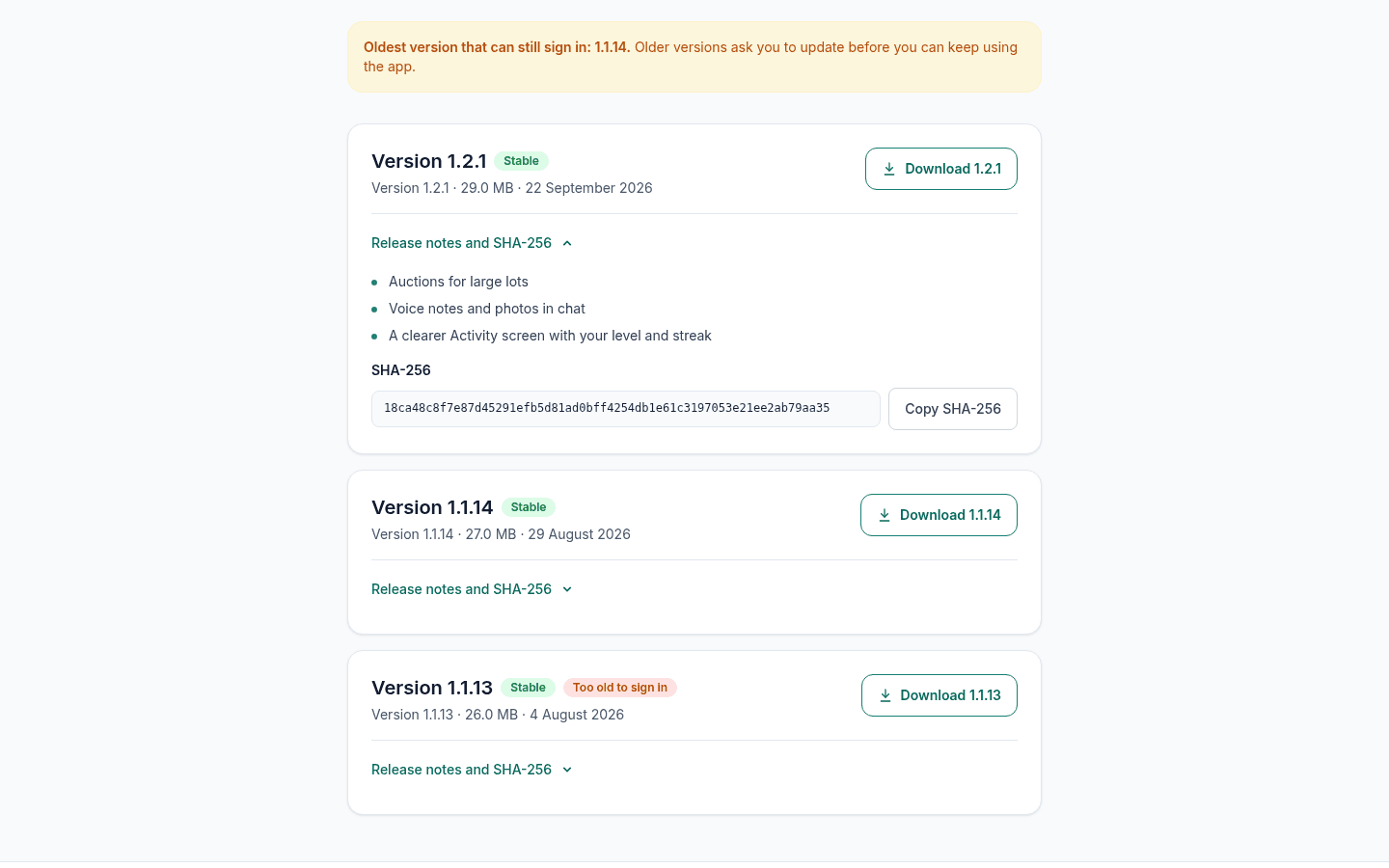 A list of earlier Scrap Exchange app versions with dates, release notes, SHA-256 fingerprints and download buttons.