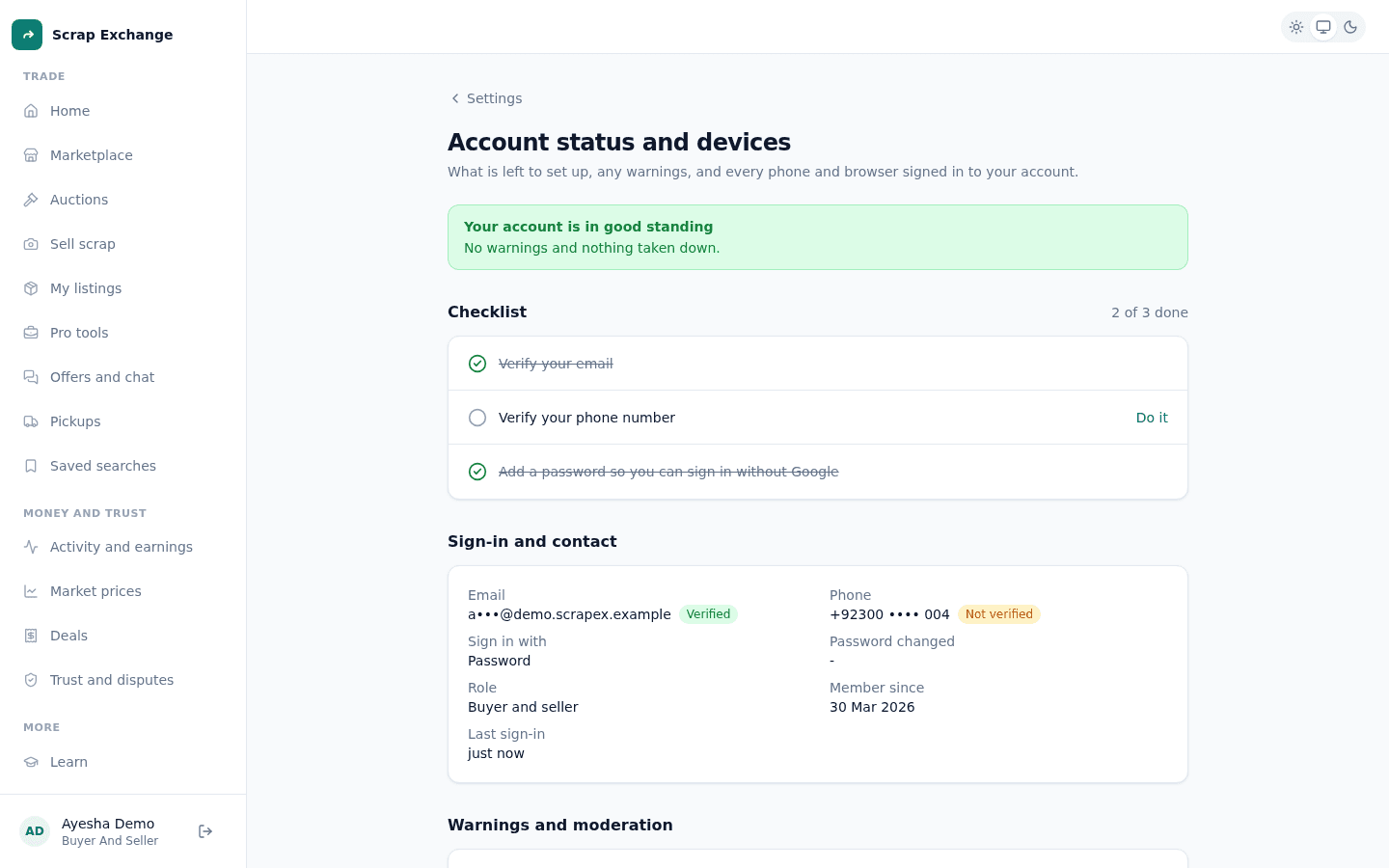 The account status page with a banner saying the account is in good standing and details about verification and sign-in.