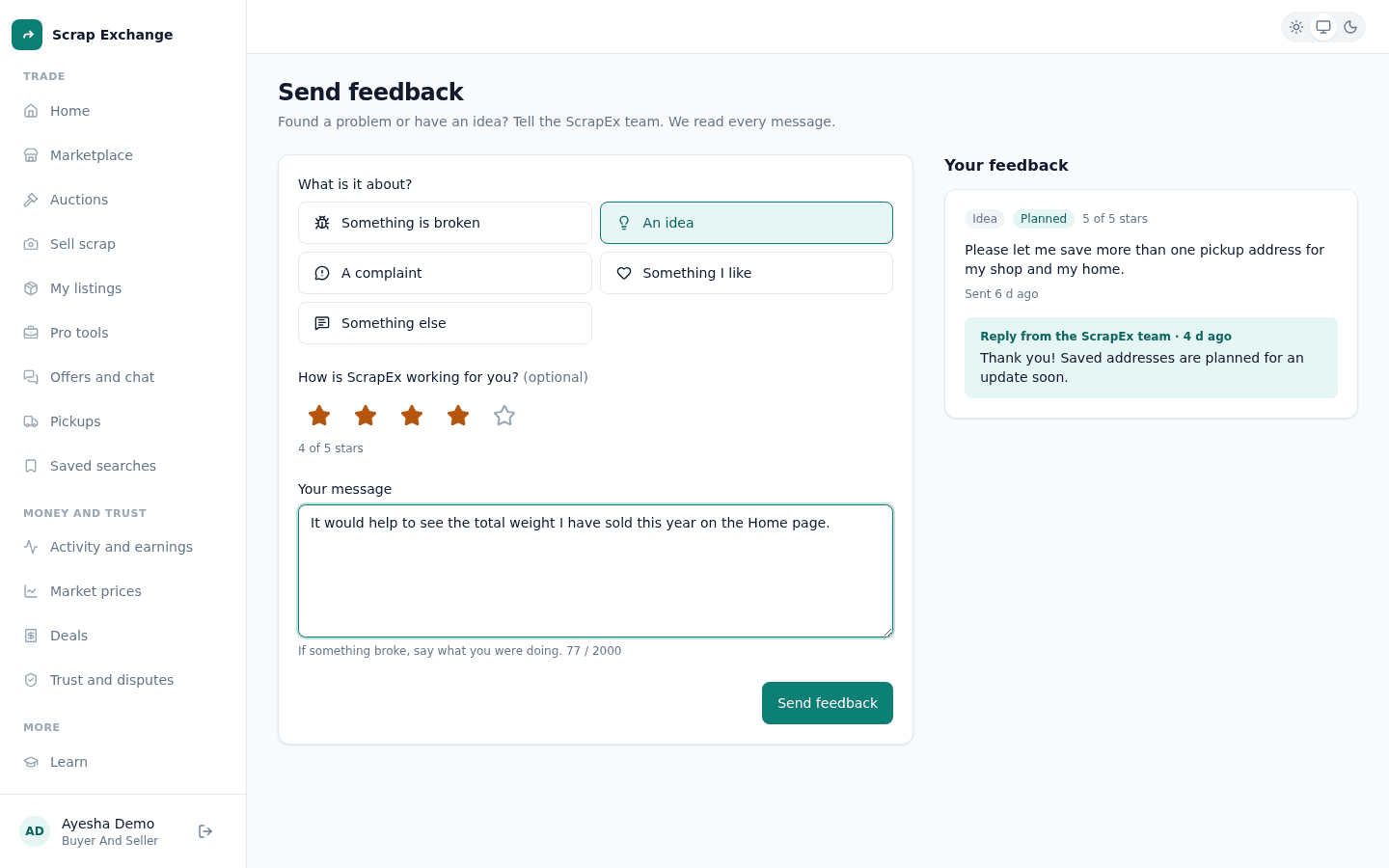 The Send feedback page with category choices, a message box and an earlier message with a reply from the team.