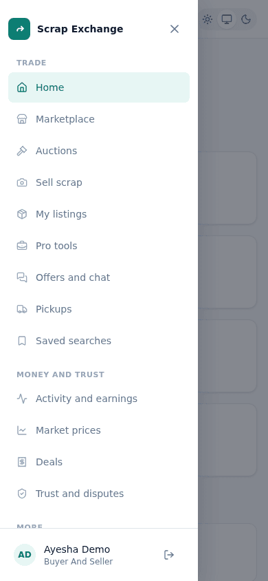 The web app on a phone with the side menu open, showing the Trade, Money and trust, and More groups.