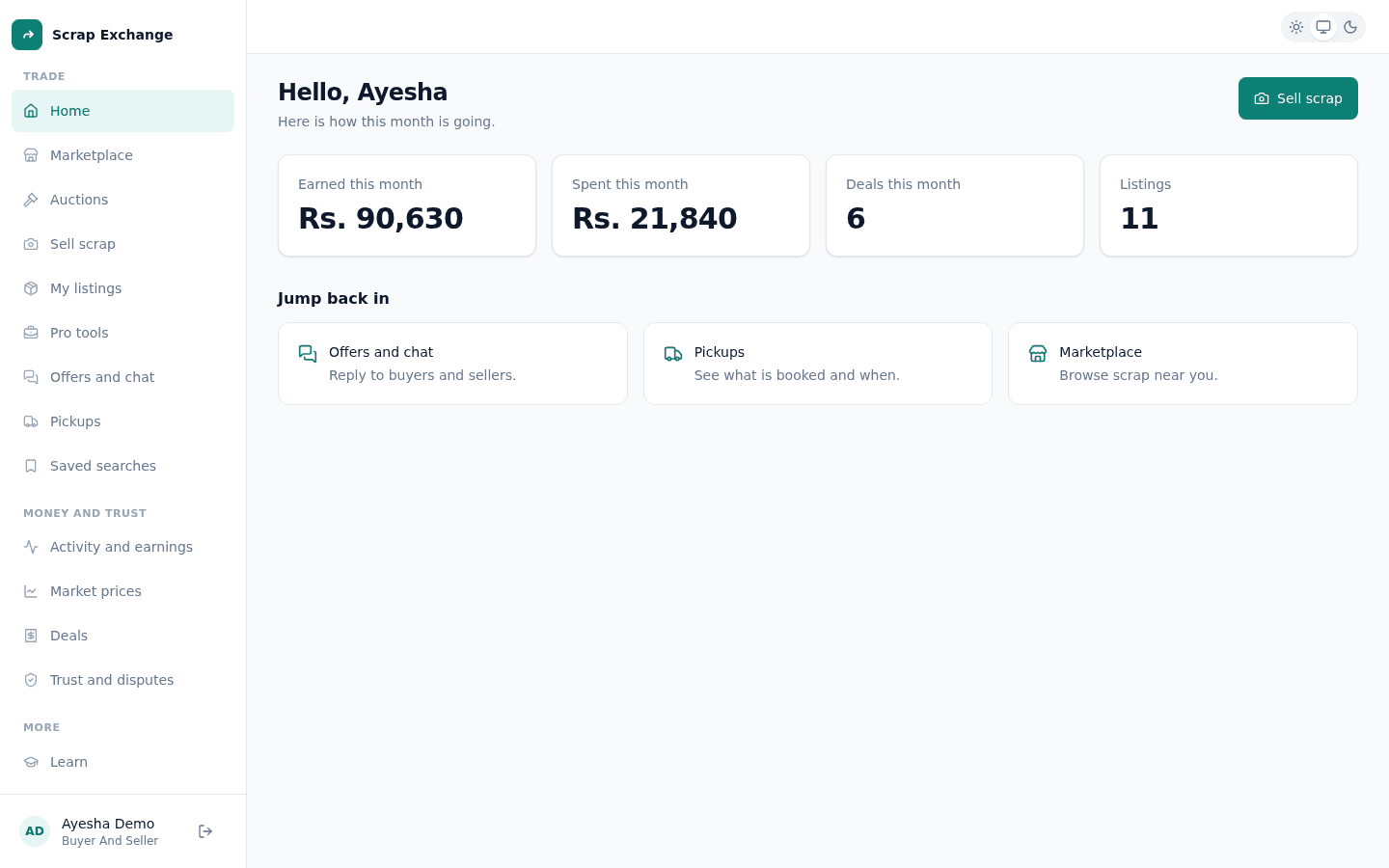 The web app Home page with this month's earnings, spending and deals, and links to Offers and chat, Pickups and the Marketplace.