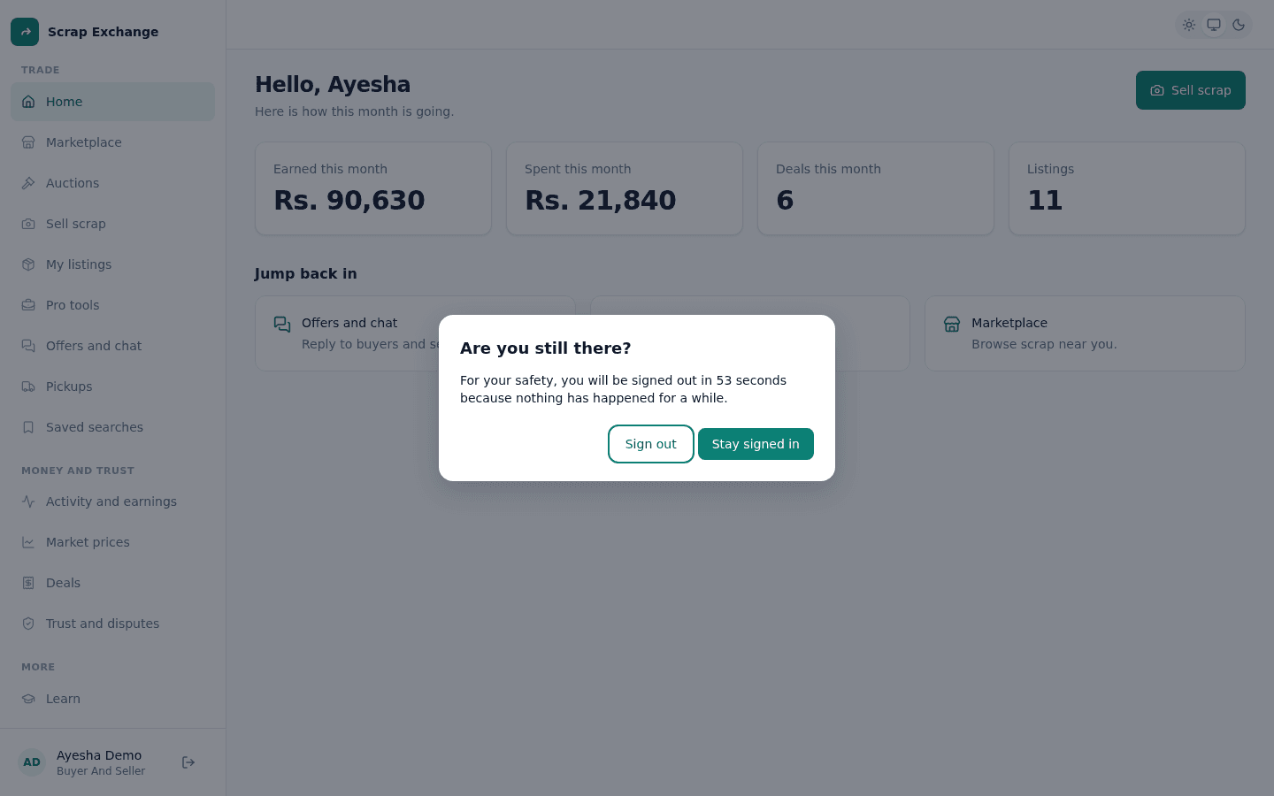 A dialog titled Are you still there? with Stay signed in and Sign out buttons.