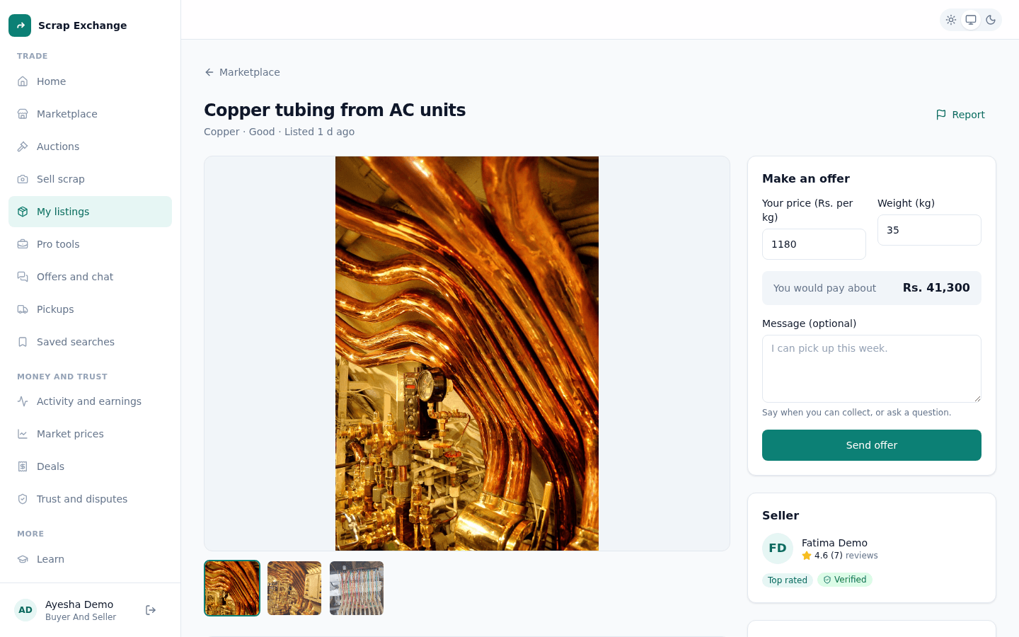 A listing page with photos, the price per kg, weight, whole lot total, a description, the seller's rating and badges, and a Make an offer button.