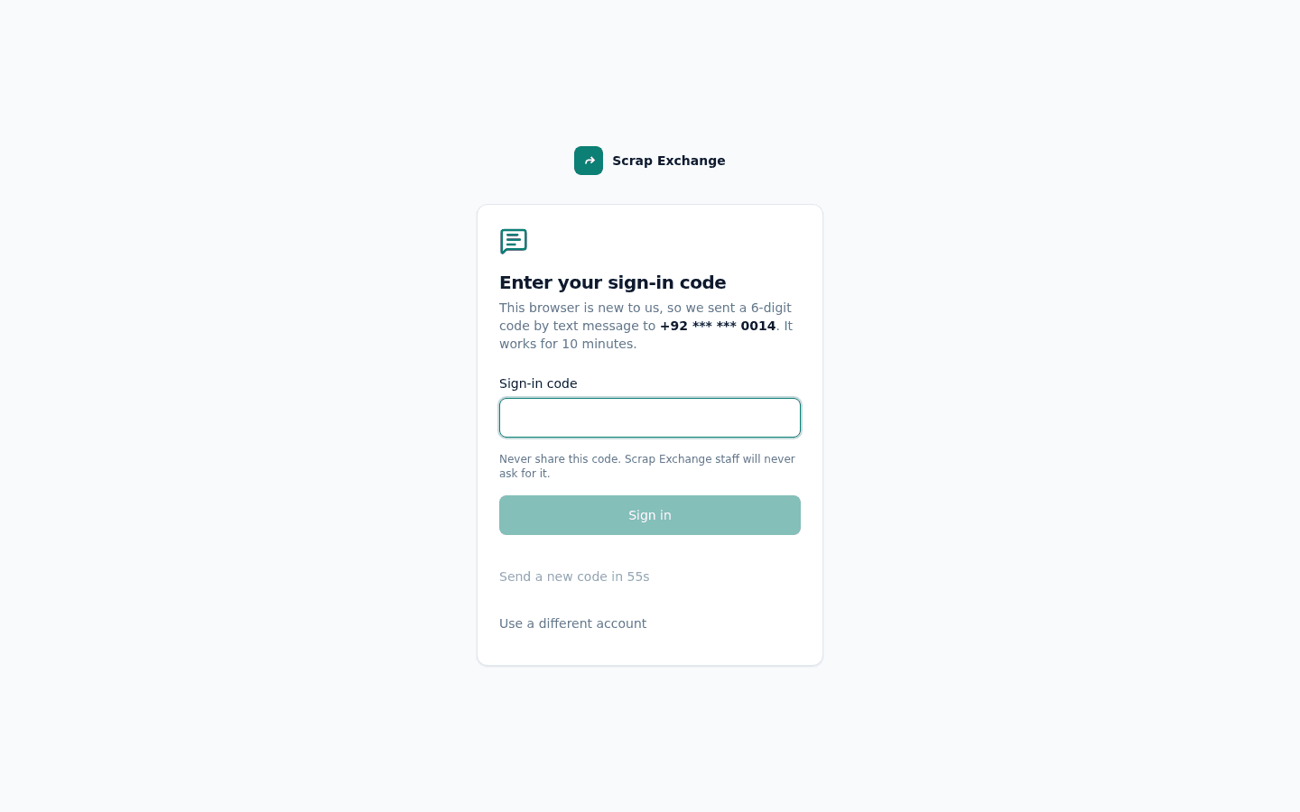 The Enter your sign-in code screen with a 6-digit code box, a Sign in button and a Send a new code timer.