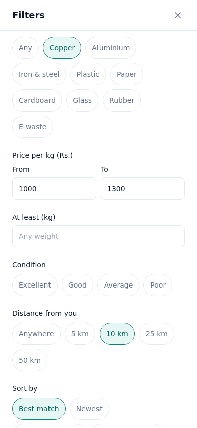 The marketplace filters panel on a phone with material, price per kg, minimum weight, condition, distance and sort options.