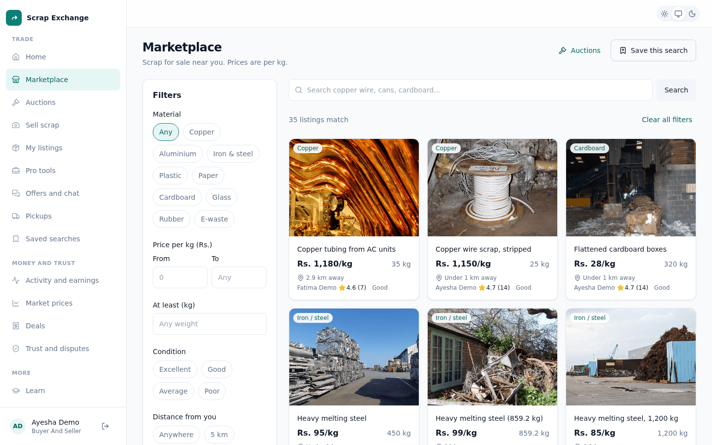 The marketplace with a search box, a Filters button and a grid of listing cards showing photos, prices per kg, weights and distances.