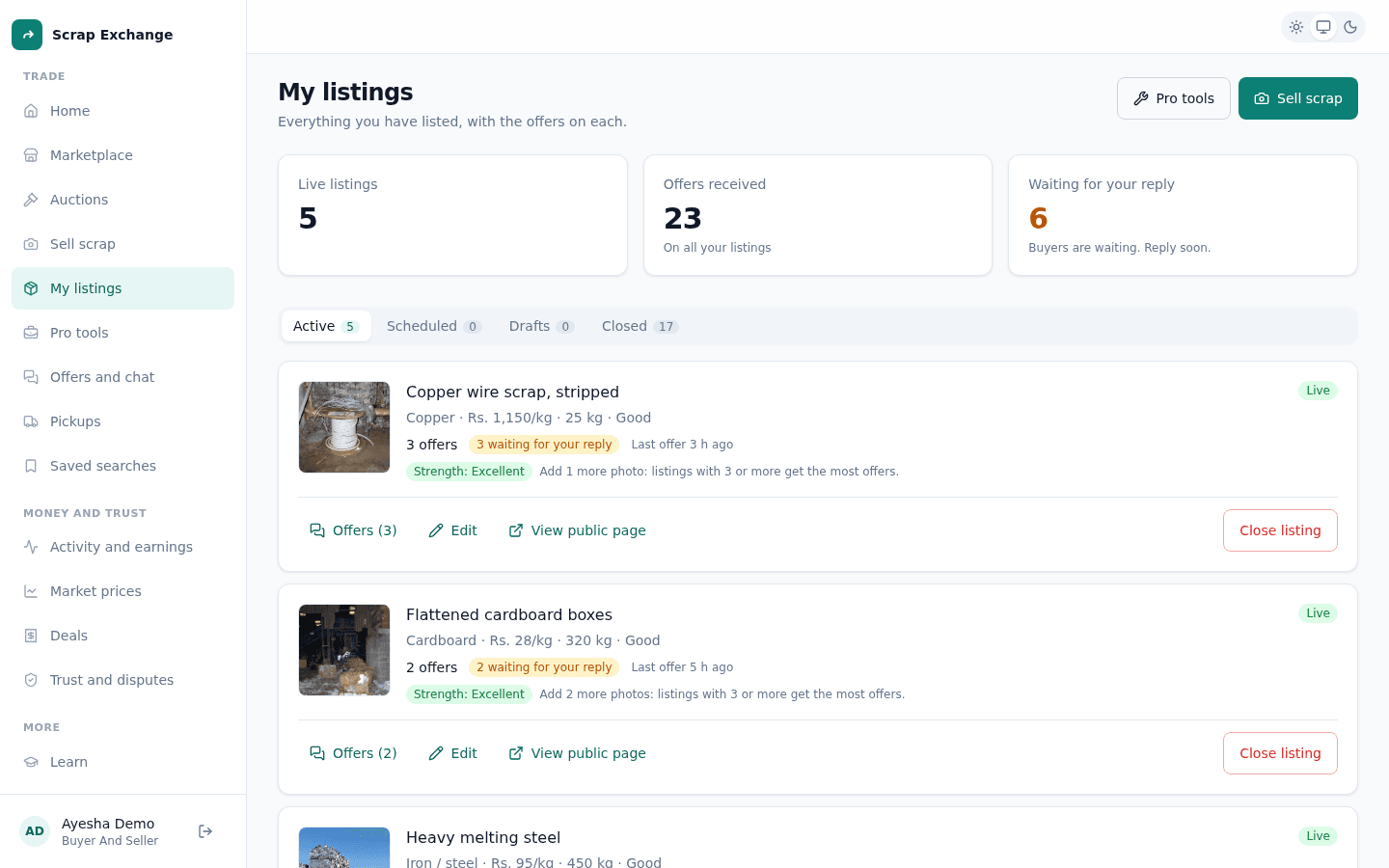 The My listings page with summary numbers and a list of live listings showing offers and waiting-for-reply badges.
