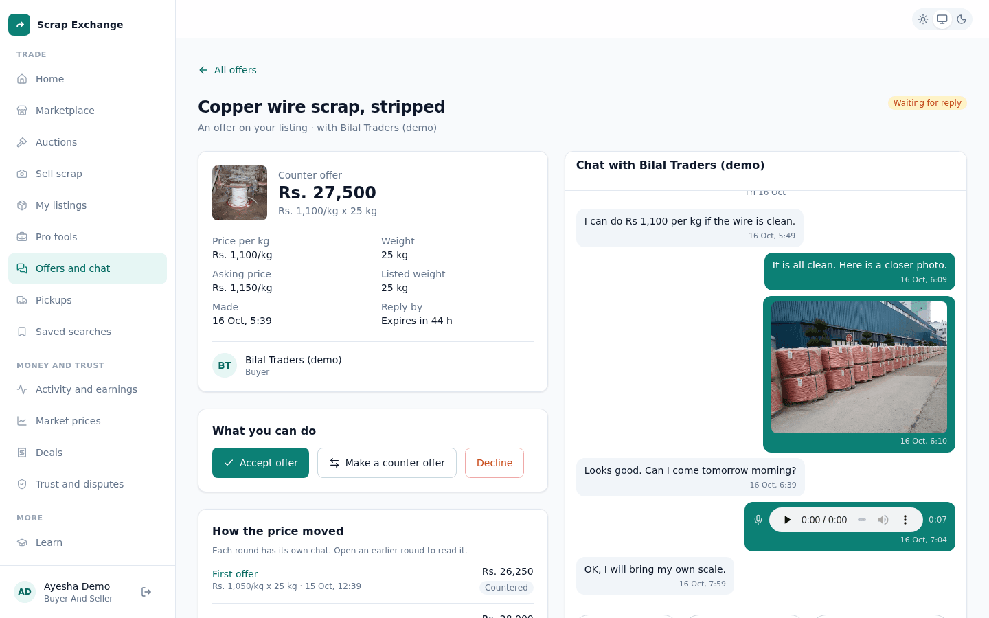 An offer page with the offered price and weight, Accept, Counter and Decline buttons, the price history and a chat.