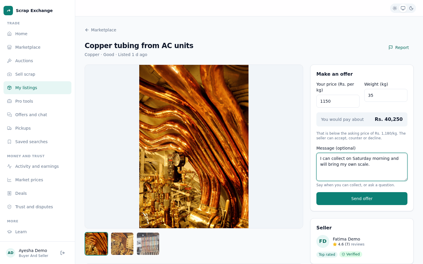 The Make an offer form with your price per kg, the weight, the estimated total and an optional message.