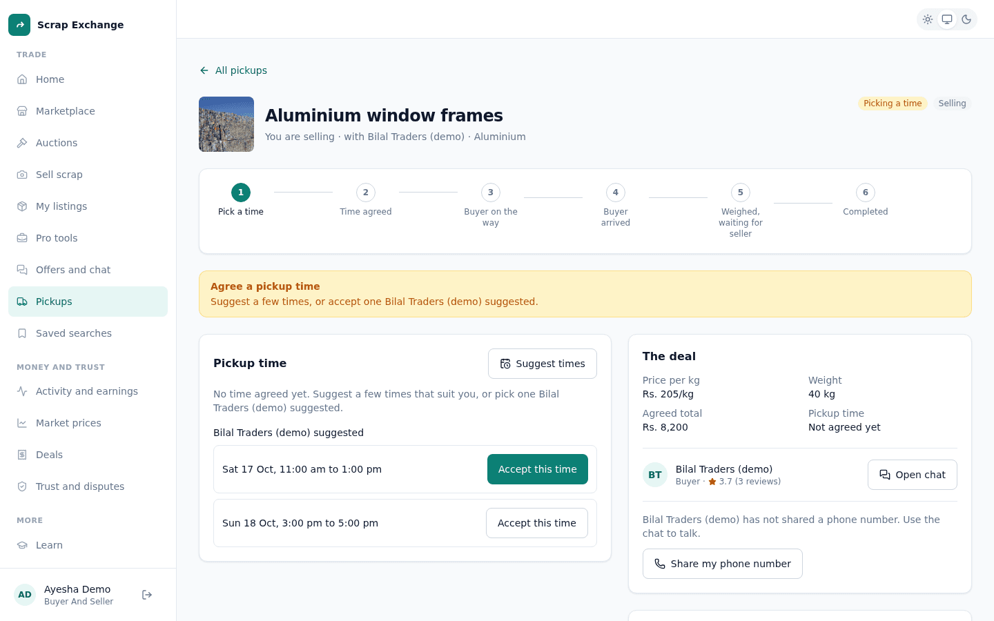 A pickup page showing the agreed price and total, the pickup progress, suggested pickup times with Accept buttons and a Share my phone number button.