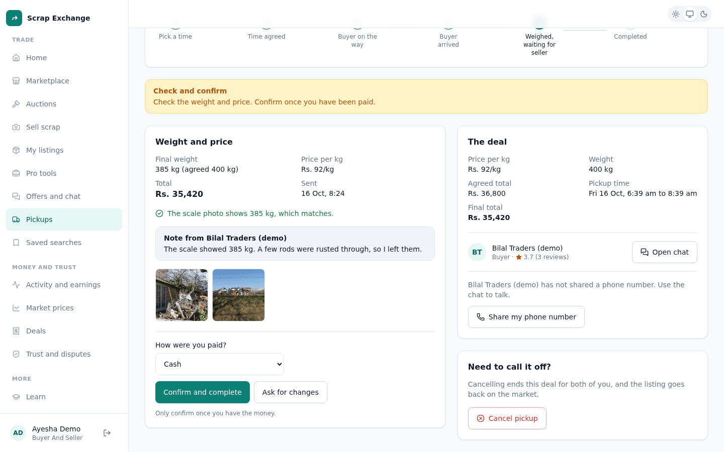 The seller's check screen with the final weight, price per kg, pickup photos, a payment method choice and Confirm and complete and Ask for changes buttons.