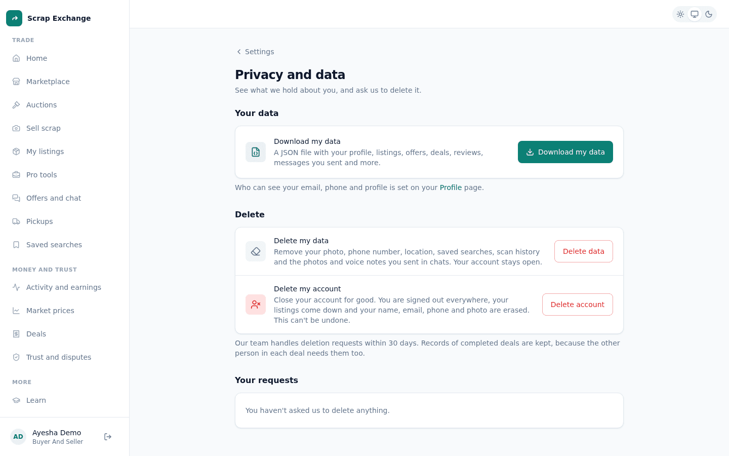 The Privacy and data page with Download my data, Ask to delete my data and Ask to delete my account.
