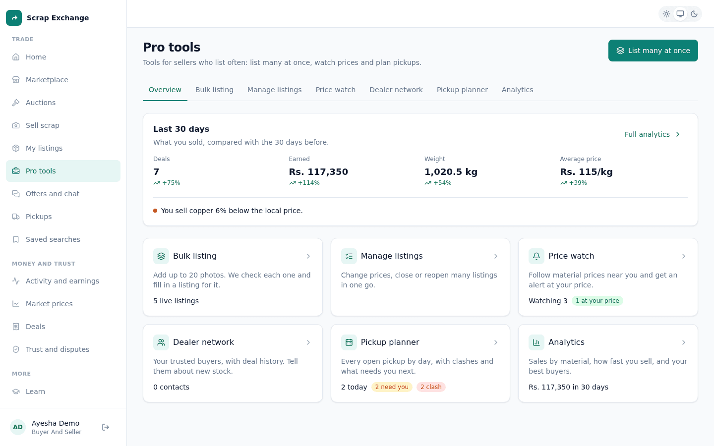 The Pro tools page with a business summary and cards for Bulk listing, Manage listings, Price watch, Dealer network, Pickup planner and Analytics.