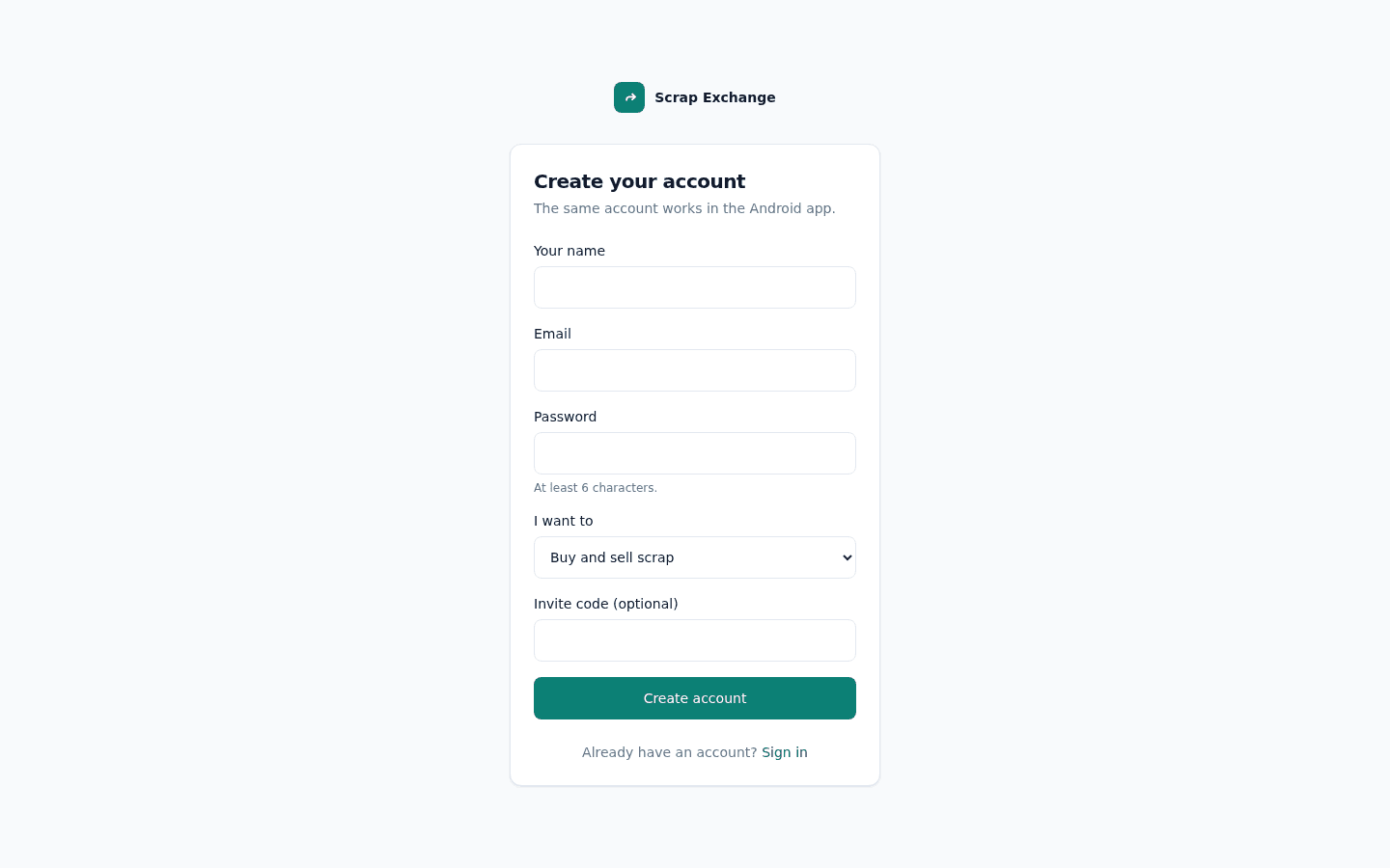 The web sign-up form with fields for name, email, password, what you want to do, and an optional invite code.