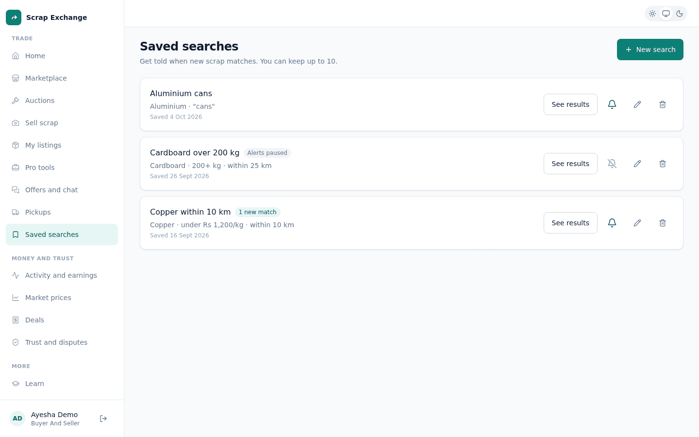 The Saved searches page with a list of searches, each with an Alerts switch, and a New search button.