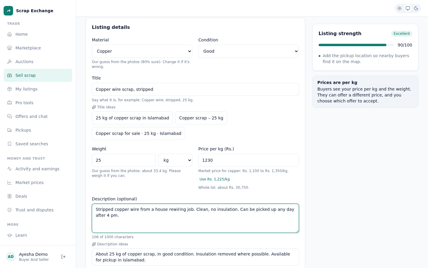 The listing form with material, condition, title, weight and price per kg filled in, the market price hint, and a Listing strength score.