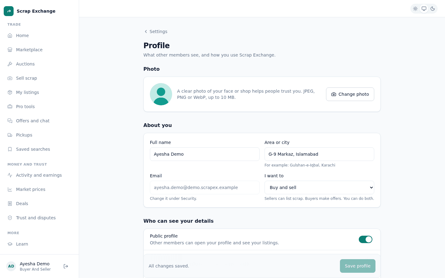 The Profile settings page with a profile photo, name, area or city, role choice and privacy switches.