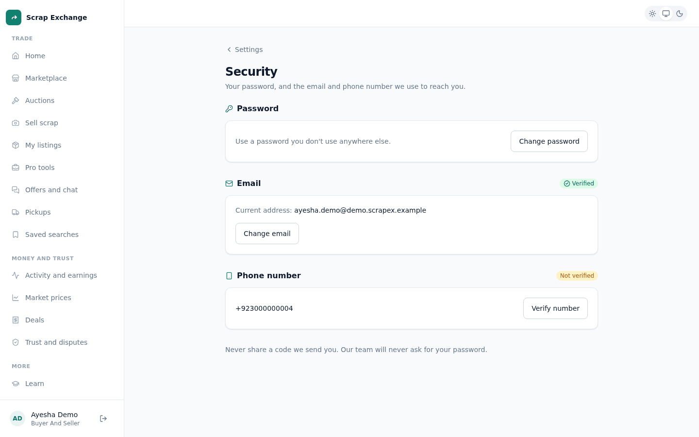 The Security settings page with sections for password, email (verified) and phone number (not verified) with a Verify number button.