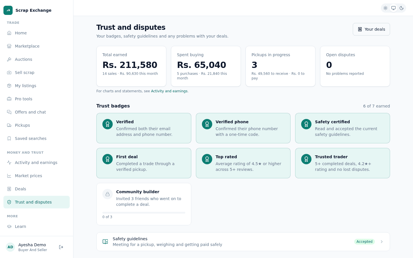 The Trust and disputes page with earned badges, progress towards other badges and a link to the safety guidelines.